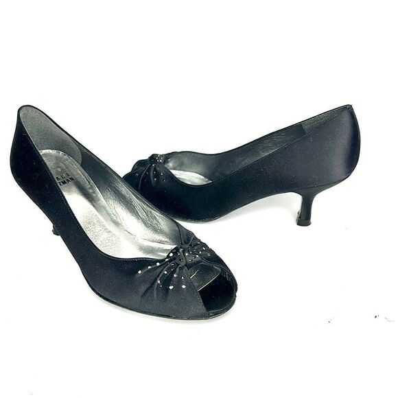 Stuart Weitzman Black Peau De Soie Satin 
Peep Toe Tonal Rhinestone Accent Pumps - Picture 1 of 12
